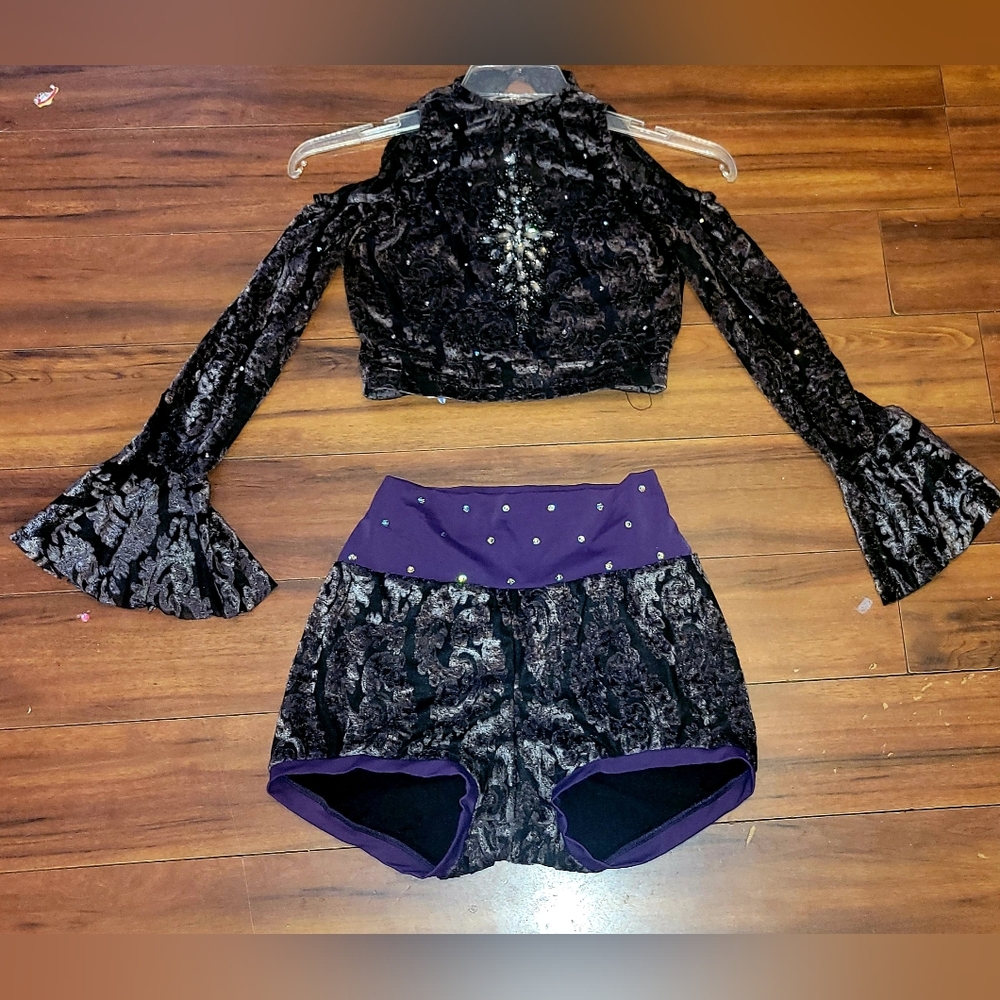 Velvet Crop Top and High-Waist Shorts Set - Black & Purple - Adult Dance costume